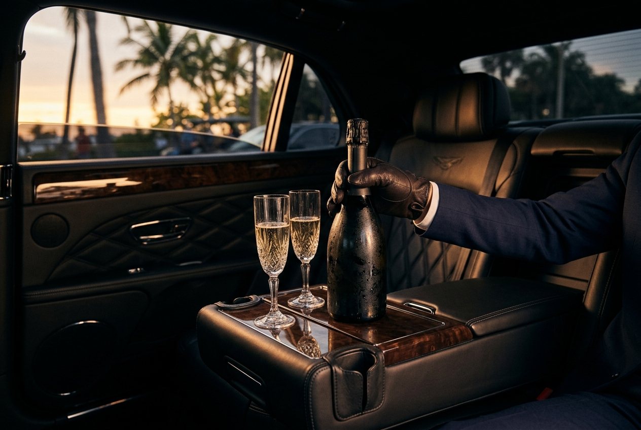 Champagne and two glasses set out on the rear armrest at dusk