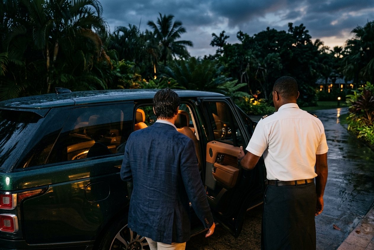 A driver holding the rear door open for a guest at dusk, cabin light glowing