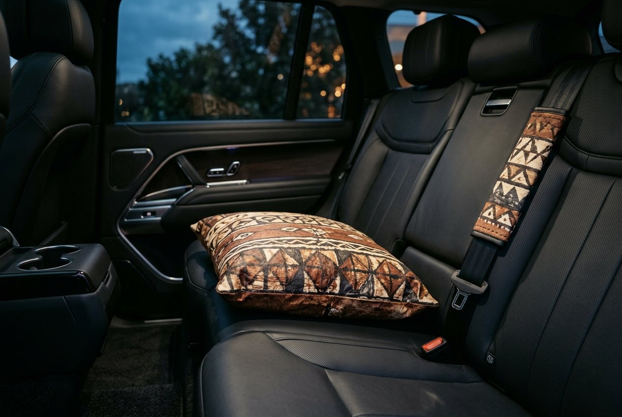 Masi-patterned cushion and seat-belt cover on the black leather back seat