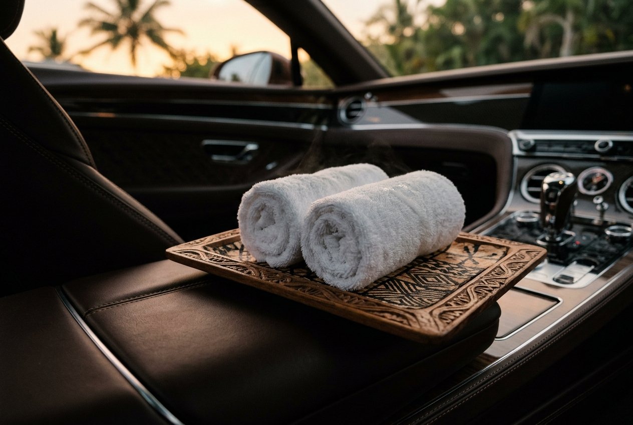 Two chilled rolled towels on a carved tapa-lined tray on the armrest